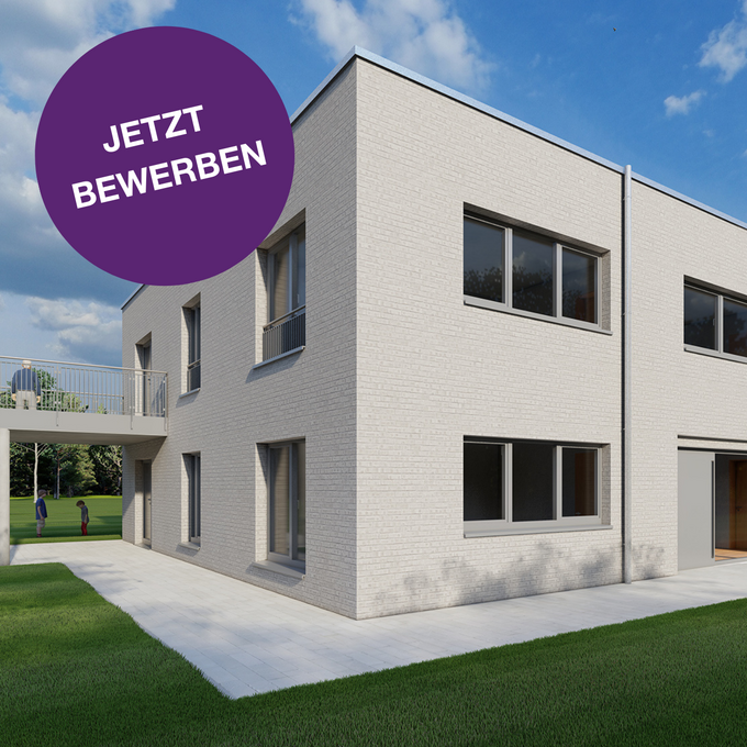 Außenansicht des Gebäudes mit Störer in dem steht "Jetzt bewerben"