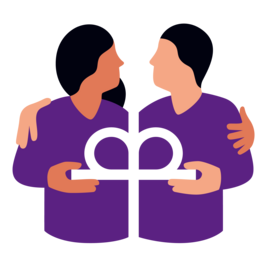 Illustration von zwei Personen, die das Diakonie-Kronenkreuz halten